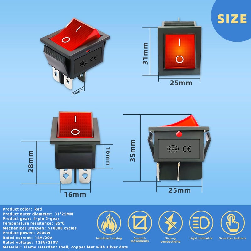DaFuRui KCD4 Rocker Switch，10PCS 30A 125V/250V AC Large Current Rocker Switch ON/Off Switch 4Pins red Light Illuminated Switch - Image 3